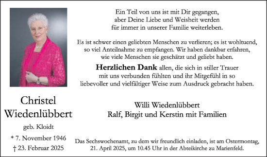 Traueranzeige von Christel Wiedenlübbert von Die Glocke