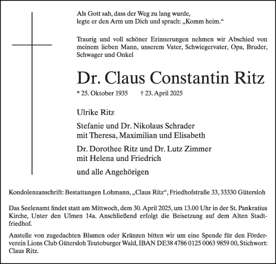 Traueranzeige von Claus Constantin Ritz von Die Glocke