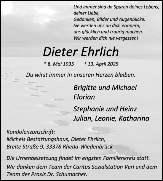 Traueranzeige von Dieter Ehrlich von Die Glocke