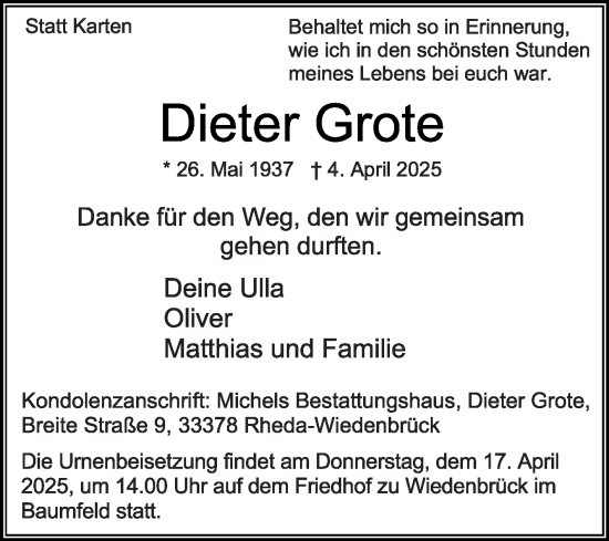 Traueranzeige von Dieter Grote von Die Glocke