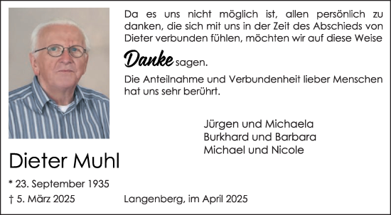 Traueranzeige von Dieter Muhl von Die Glocke