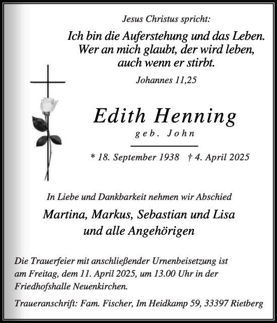 Traueranzeige von Edith Henning von Die Glocke