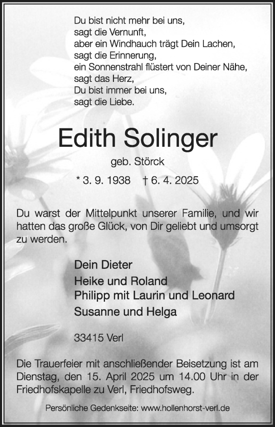 Traueranzeige von Edith Solinger von Die Glocke