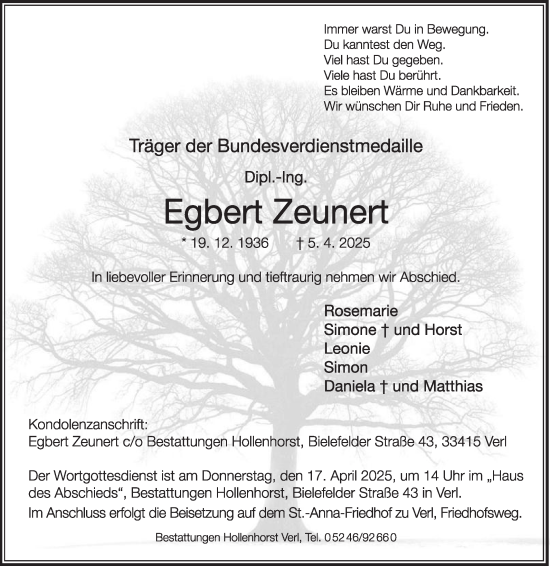 Traueranzeige von Egbert Zeunert von Die Glocke