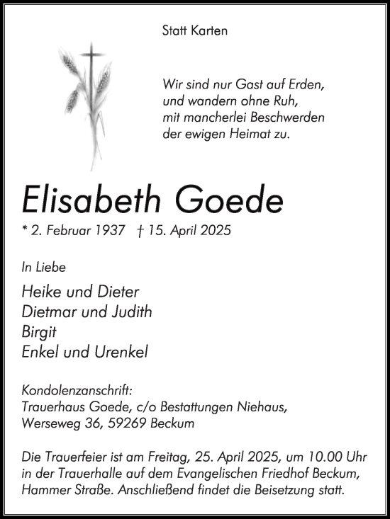 Traueranzeige von Elisabeth Goede von Die Glocke