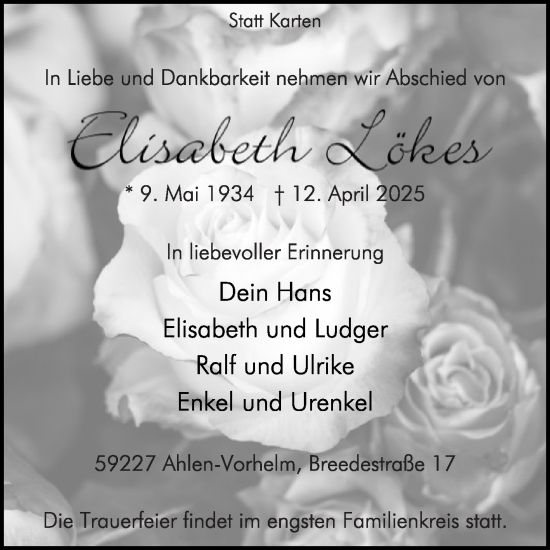 Traueranzeige von Elisabeth Lökes von Die Glocke