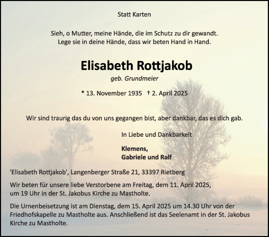 Traueranzeige von Elisabeth Rottjakob von Die Glocke