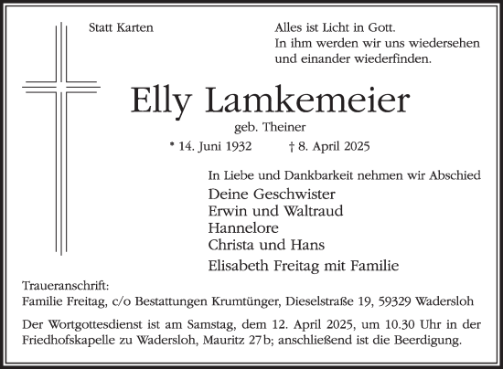 Traueranzeige von Elly Lamkemeier von Die Glocke