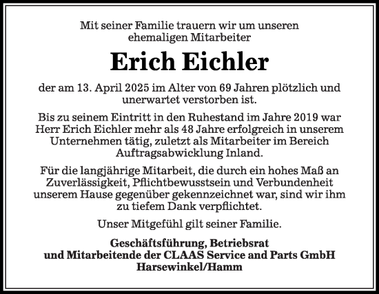 Traueranzeige von Erich Eichler von Die Glocke
