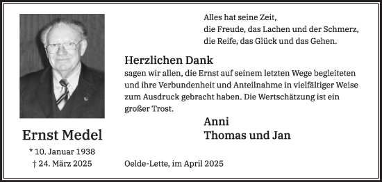 Traueranzeige von Ernst Medel von Die Glocke
