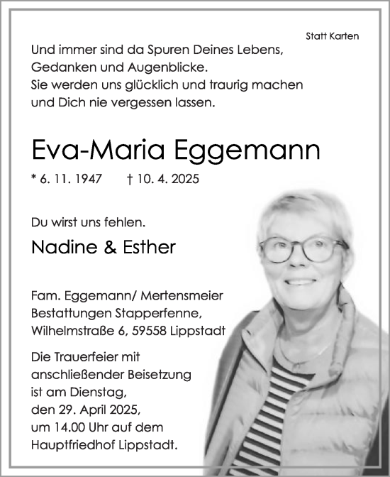 Traueranzeige von Eva-Maria Eggemann von Die Glocke