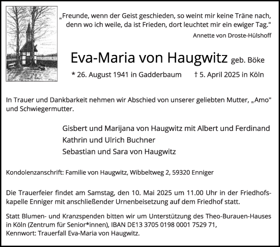 Traueranzeige von Eva-Maria von Haugwitz von Die Glocke