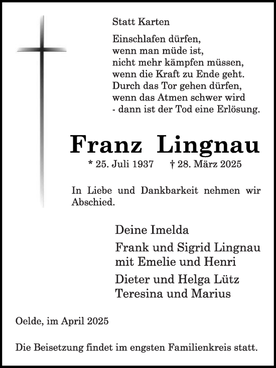 Traueranzeige von Franz Lingnau von Die Glocke