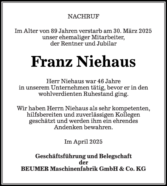 Traueranzeige von Franz Niehaus von Die Glocke