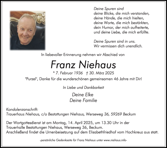 Traueranzeige von Franz Niehaus von Die Glocke