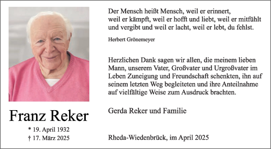 Traueranzeige von Franz Reker von Die Glocke