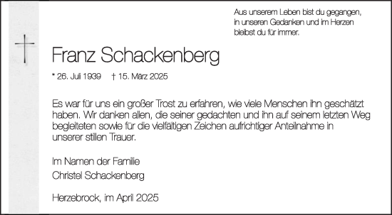 Traueranzeige von Franz Schackenberg von Die Glocke