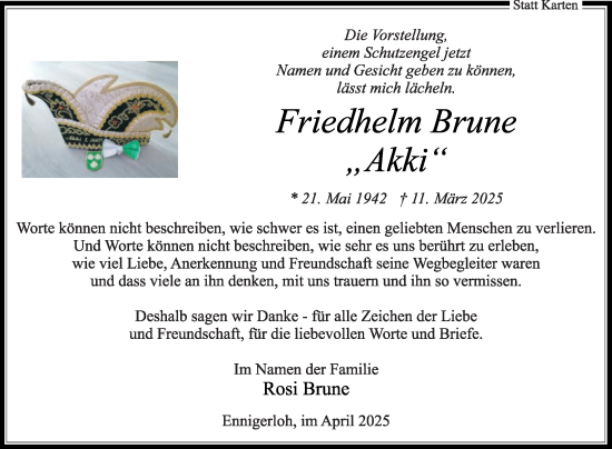 Traueranzeige von Friedhelm Brune von Die Glocke