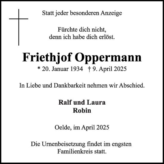 Traueranzeige von Friethjof Oppermann von Die Glocke