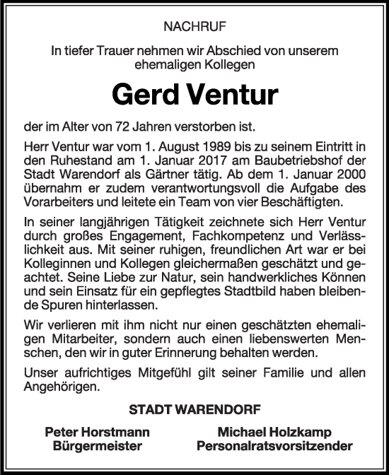 Traueranzeige von Gerd Ventur von Die Glocke