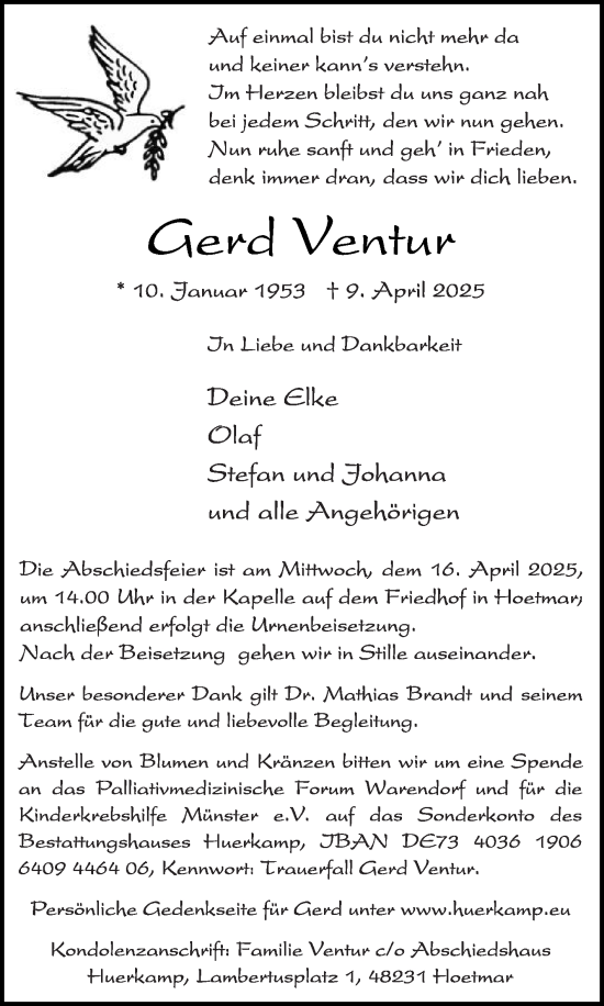 Traueranzeige von Gerd Ventur von Die Glocke