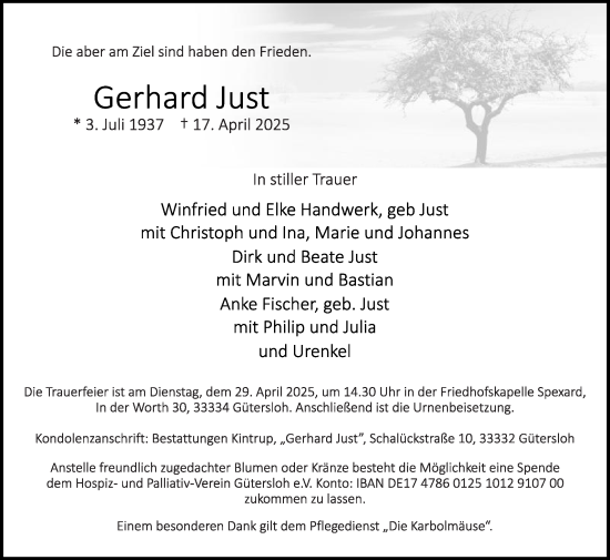 Traueranzeige von Gerhard Just von Die Glocke