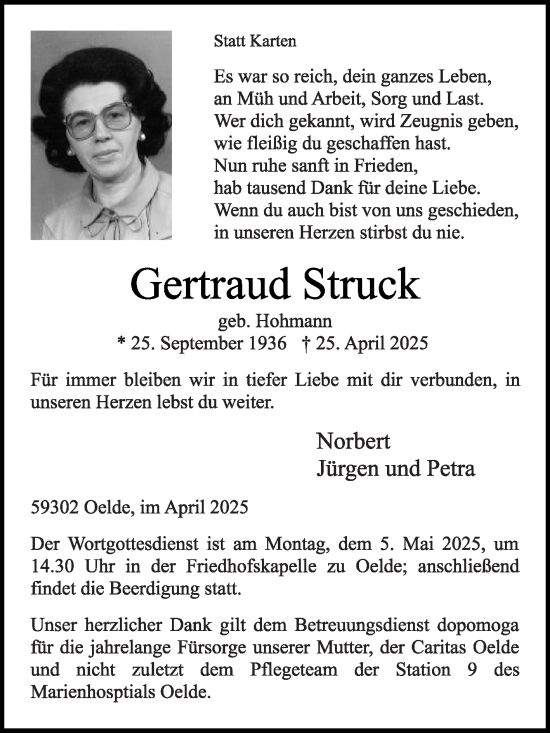 Traueranzeige von Gertraud Struck von Die Glocke