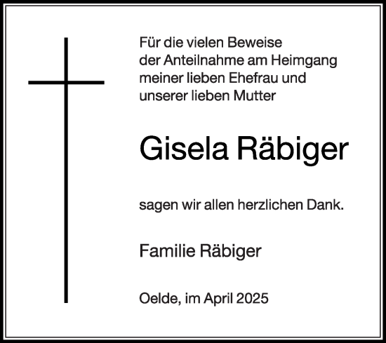 Traueranzeige von Gisela Räbiger von Die Glocke