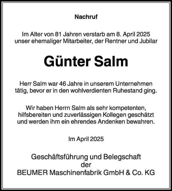 Traueranzeige von Günter Salm von Die Glocke