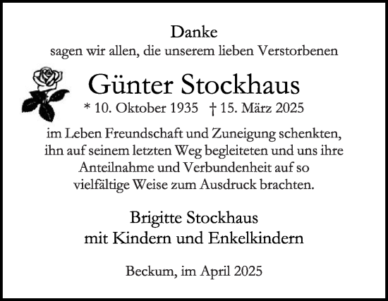 Traueranzeige von Günter Stockhaus von Die Glocke
