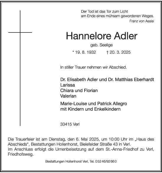 Traueranzeige von Hannelore Adler von Die Glocke