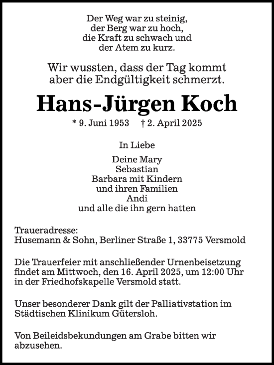Traueranzeige von Hans-Jürgen Koch von Die Glocke