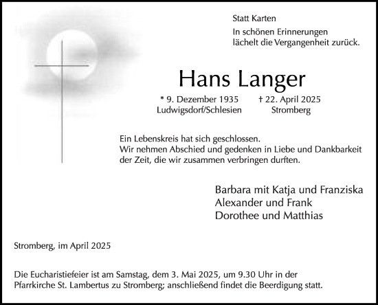 Traueranzeige von Hans Langer von Die Glocke