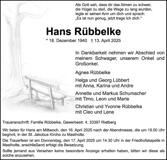 Traueranzeige von Hans Rübbelke von Die Glocke