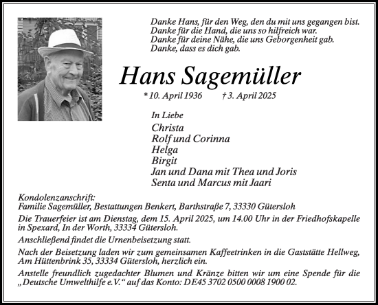 Traueranzeige von Hans Sagemüller von Die Glocke