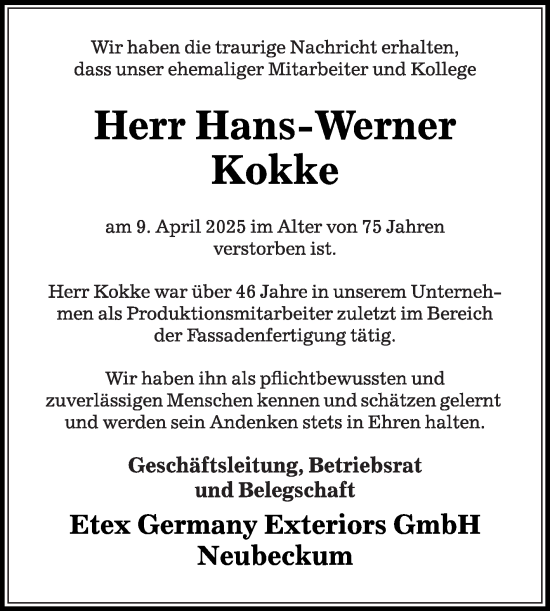 Traueranzeige von Hans-Werner Kokke von Die Glocke
