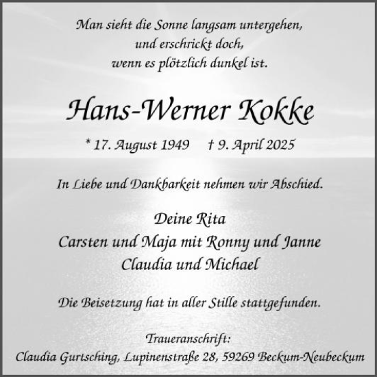 Traueranzeige von Hans-Werner Kokke von Die Glocke