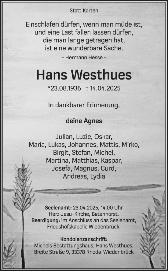 Traueranzeige von Hans Westhues von Die Glocke