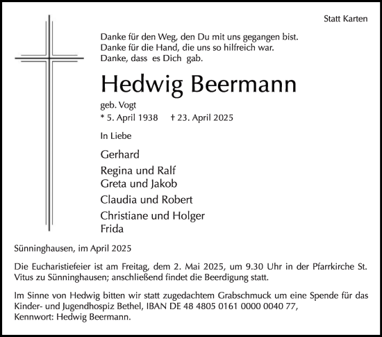 Traueranzeige von Hedwig Beermann von Die Glocke
