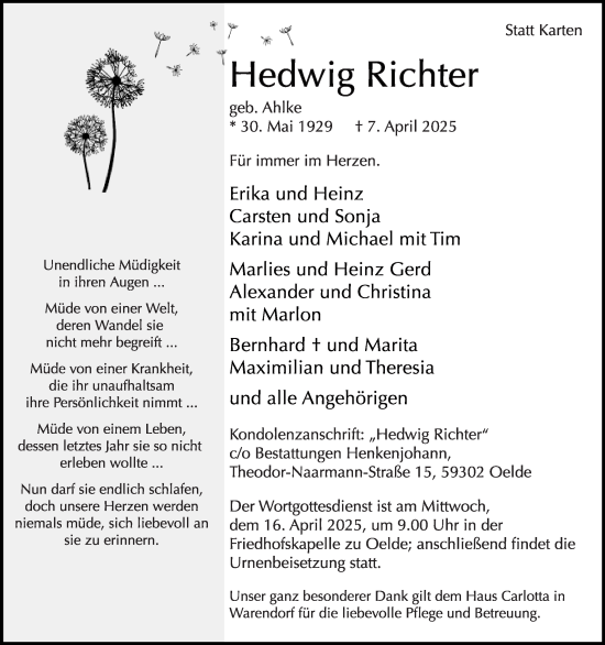 Traueranzeige von Hedwig Richter von Die Glocke