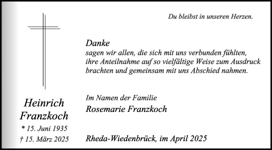 Traueranzeige von Heinrich Franzkoch von Die Glocke