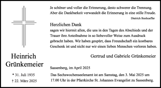 Traueranzeige von Heinrich Grünkemeier von Die Glocke