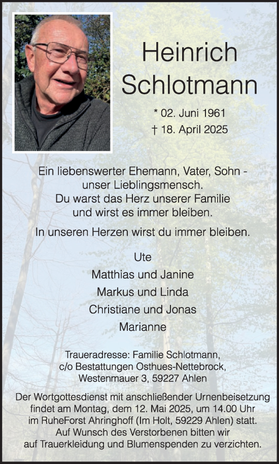 Traueranzeige von Heinrich Schlotmann von Die Glocke