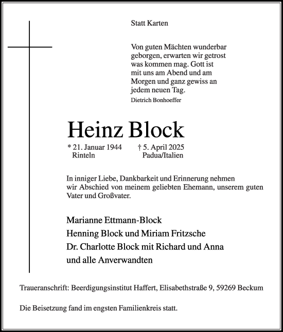 Traueranzeige von Heinz Block von Die Glocke