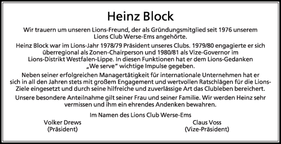Traueranzeige von Heinz Block von Die Glocke