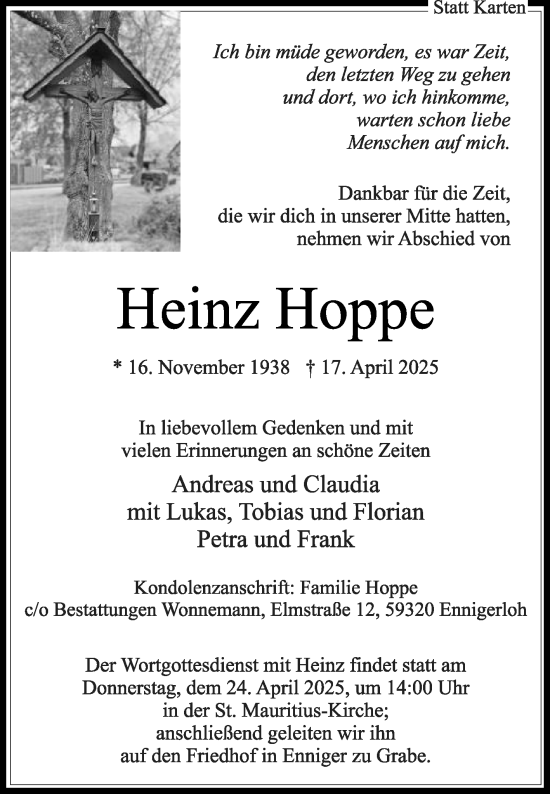 Traueranzeige von Heinz Hoppe von Die Glocke