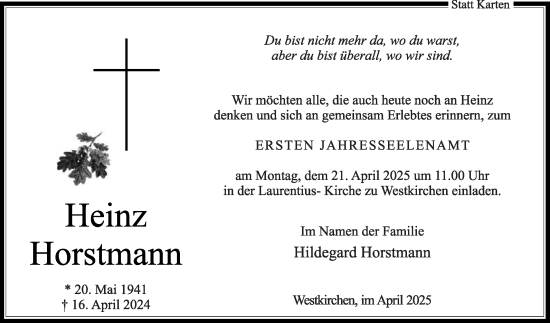 Traueranzeige von Heinz Horstmann von Die Glocke
