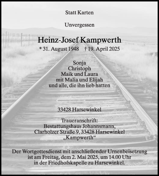 Traueranzeige von Heinz-Josef Kampwerth von Die Glocke