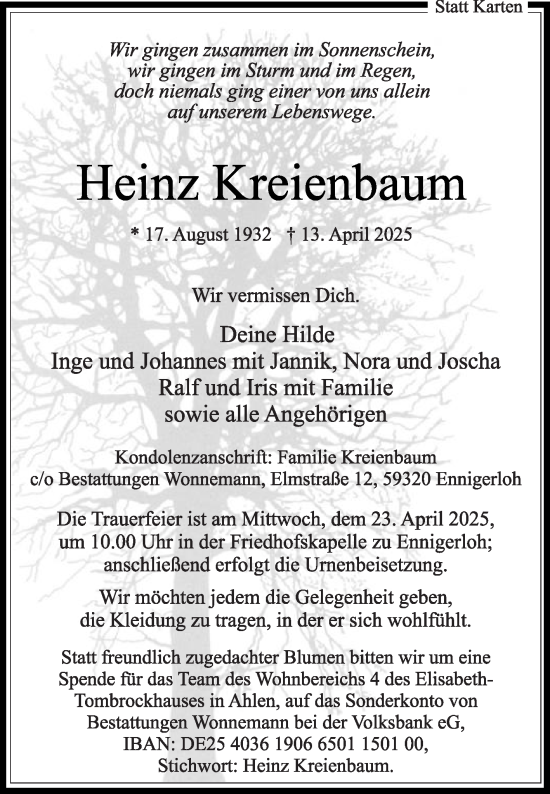 Traueranzeige von Heinz Kreienbaum von Die Glocke
