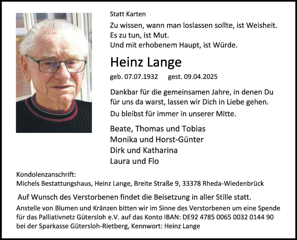  Traueranzeige für Heinz Lange vom 12.04.2025 aus Die Glocke